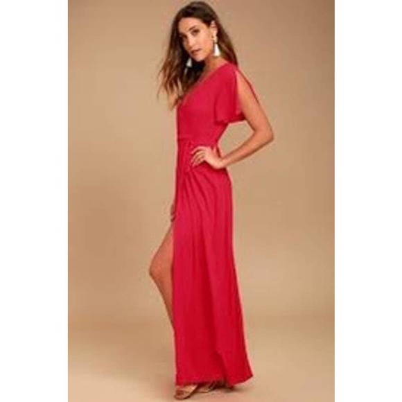 Red Classic Wrap Dress with flutter sleeves. NWT LuLus. Medium - Picture 3 of 10